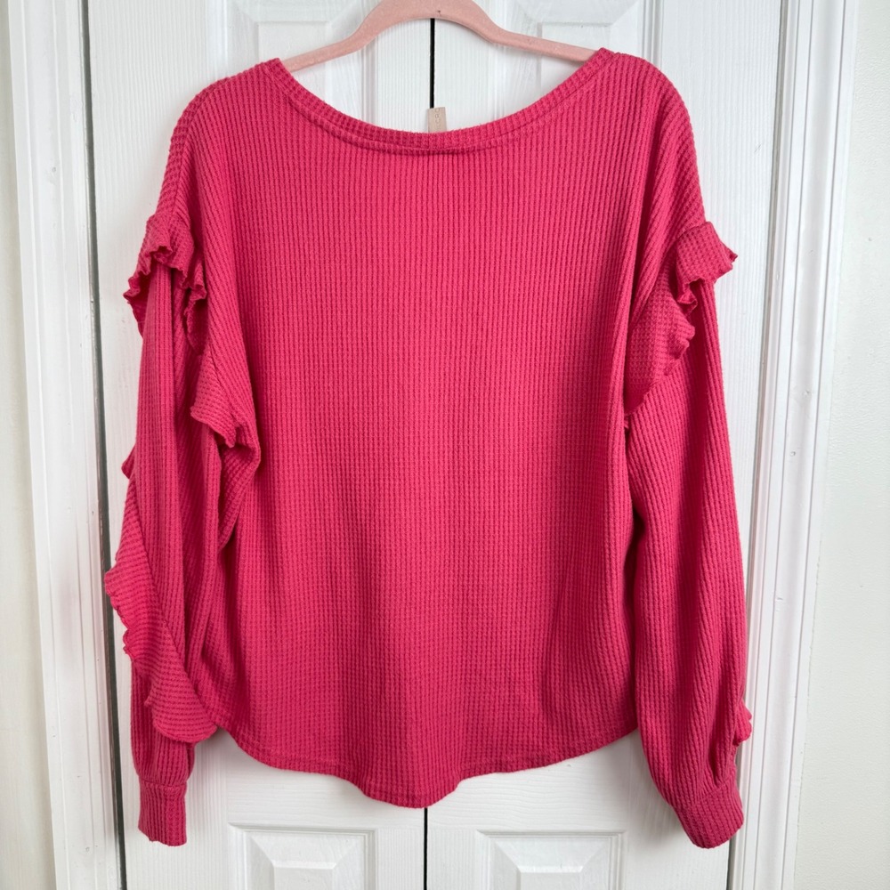 Pilcro Anthropologie Waffle Knit Ruffle Sleeve Top Women Large Pink V-Neck - Picture 7 of 7